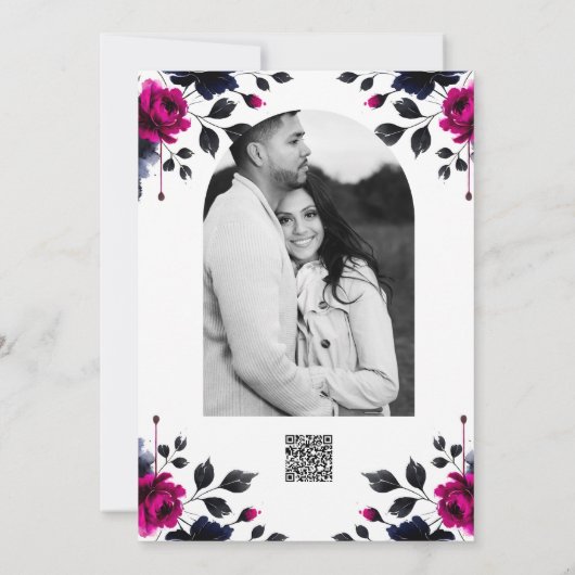 マゼンタピンクとブルーインクフローラの水色結婚の色 招待状 (裏面)