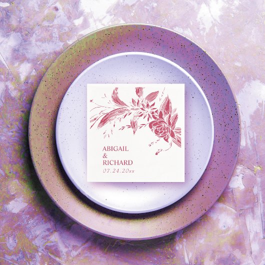 マゼンタピンクと白結婚の花 スタンダードカクテルナプキン