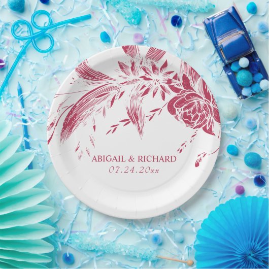 マゼンタピンクと白結婚の花 ペーパープレート (パーティー)