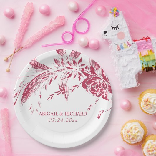 マゼンタピンクと白結婚の花 ペーパープレート (パーティー)