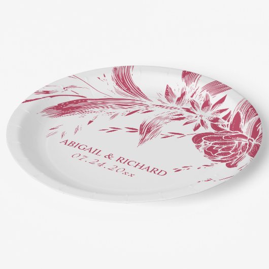 マゼンタピンクと白結婚の花 ペーパープレート (アングル)