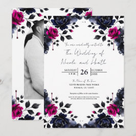 マゼンタピンクと青のインクの花の水彩ウェディング 招待状