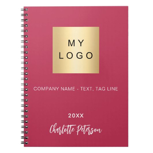 マゼンタピンクのネームスクリプトビジネスロゴ ノートブック (正面)