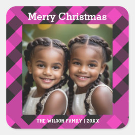 マゼンタピンクのバファロープラッドのカスタムフォトクリスマス スクエアシール