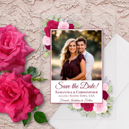 マゼンタピンクのバラ&フォトウェディング日付を保存 アクリル招待状