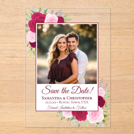 マゼンタピンクのバラ&フォトウェディング日付を保存 アクリル招待状 (正面)
