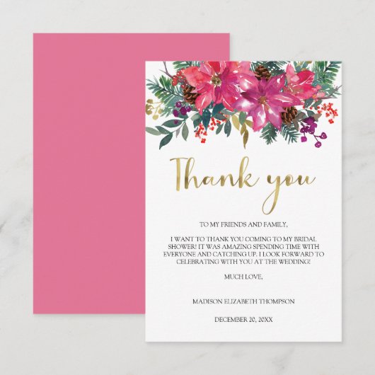 マゼンタピンクのポインセチアクリスマス ブライダルシャワー サンキューカード (正面/裏面)