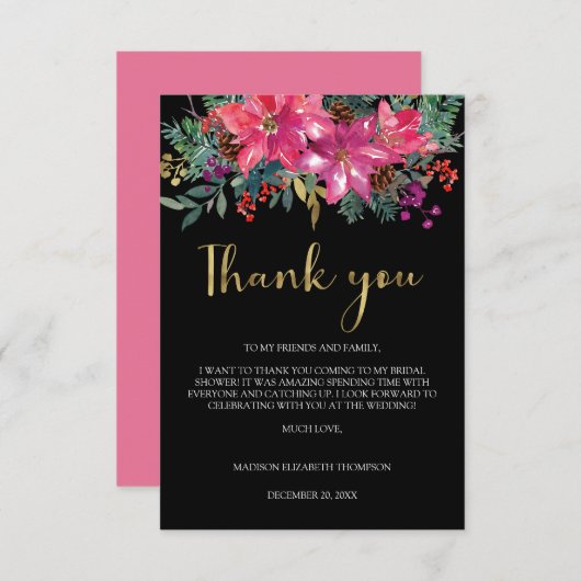 マゼンタピンクのポインセチアクリスマス ブライダルシャワー サンキューカード (正面/裏面)