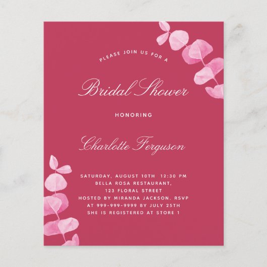 マゼンタピンクのユーカリのブライダルシャワー招待状 (正面)
