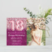 マゼンタピンクのラメ 18歳の誕生日フォト 招待状 (スタンド正面)