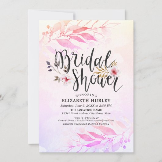 マゼンタピンクの水色リーフフローラブライダルシャワー 招待状 (正面)