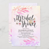 マゼンタピンクの水色リーフフローラブライダルシャワー 招待状 (正面/裏面)