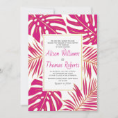 マゼンタピンクの熱帯モンステラ葉パームの結婚 招待状 (正面)