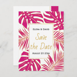 マゼンタピンクの熱帯葉のの結婚式の日付を保存 案内ポストカード