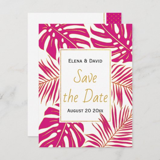 マゼンタピンクの熱帯葉のの結婚式の日付を保存 案内ポストカード (正面/裏面)