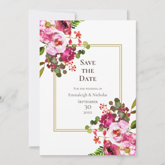 マゼンタピンクの結婚式の日付の保存 招待状 (正面)