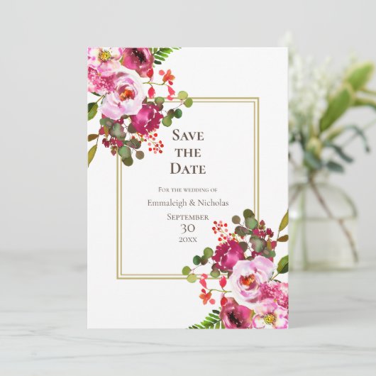 マゼンタピンクの結婚式の日付の保存 招待状 (スタンド正面)