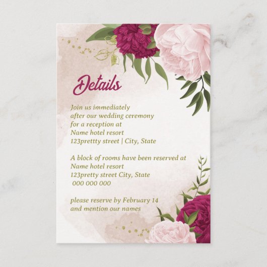 マゼンタピンクの花と緑の葉 エンクロージャーカード (正面)