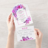 マゼンタピンクの花と葉の結婚アーチ オールインワン招待状 (貼ってはがせる)