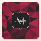 マゼンタピンクの赤い黒い幾何学パターンモノグラム スクエアペーパーコースター (正面)