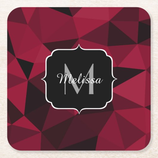 マゼンタピンクの赤い黒い幾何学パターンモノグラム スクエアペーパーコースター (正面)