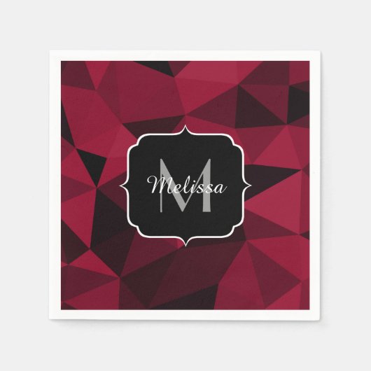 マゼンタピンクの赤い黒い幾何学パターンモノグラム スタンダードカクテルナプキン (正面)