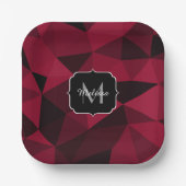 マゼンタピンクの赤い黒い幾何学パターンモノグラム ペーパープレート (正面)