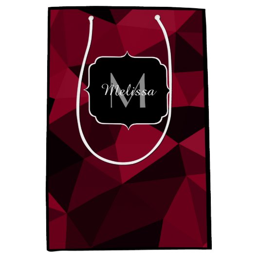 マゼンタピンクの赤い黒い幾何学パターンモノグラム ミディアムペーパーバッグ (正面)