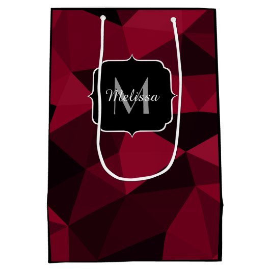 マゼンタピンクの赤い黒い幾何学パターンモノグラム ミディアムペーパーバッグ (裏面)