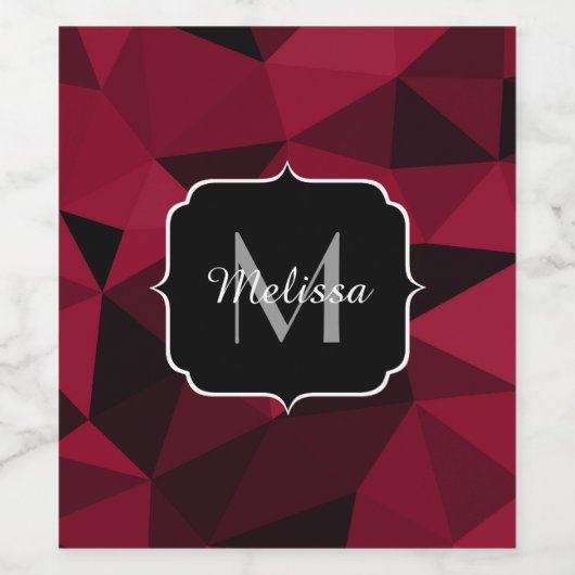 マゼンタピンクの赤い黒い幾何学パターンモノグラム ワインラベル (シングルラベル)