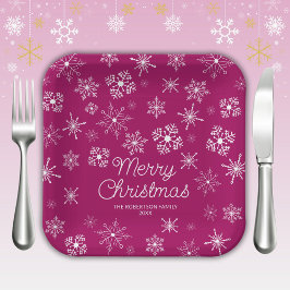 マゼンタピンクの雪片クリスマスパーティー ペーパープレート