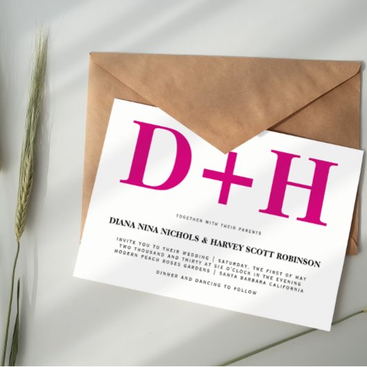 マゼンタピンクはっきりしたイニシャル結婚タイポグラフィ 招待状