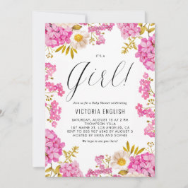 マゼンタピンクアジサイ女の子の赤ちゃんシャワー 招待状