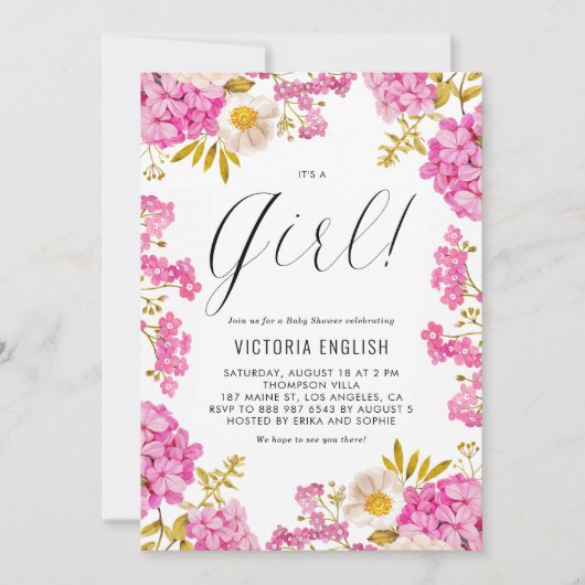 マゼンタピンクアジサイ女の子の赤ちゃんシャワー 招待状 (正面)