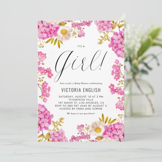 マゼンタピンクアジサイ女の子の赤ちゃんシャワー 招待状 (スタンド正面)