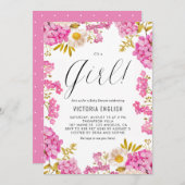 マゼンタピンクアジサイ女の子の赤ちゃんシャワー 招待状 (正面/裏面)