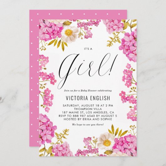 マゼンタピンクアジサイ女の子の赤ちゃんシャワー 招待状 (正面/裏面)