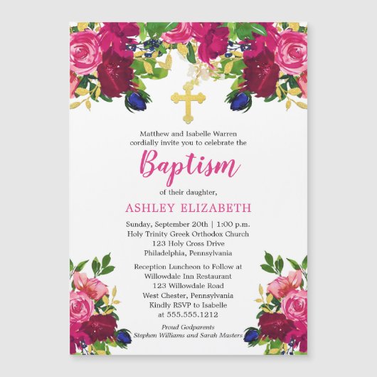 マゼンタピンクウォーターカラーフローラバプテスマ招待状 マグネット招待状 (正面)