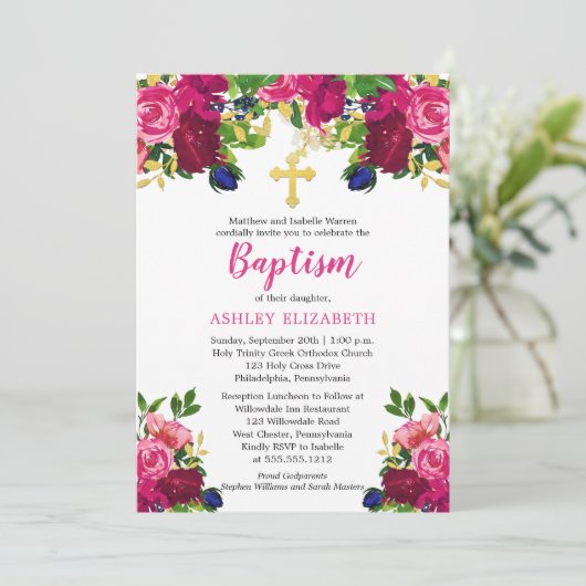 マゼンタピンクウォーターカラーフローラバプテスマ 招待状 (スタンド正面)