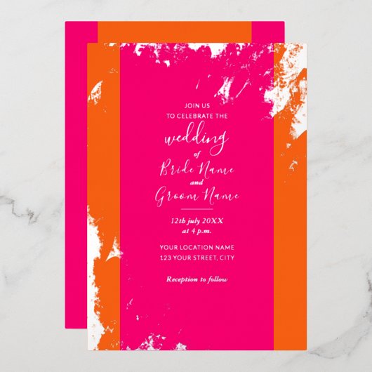 マゼンタピンクオレンジ金ゴールド粒エレガント 箔招待状 (正面/裏面)