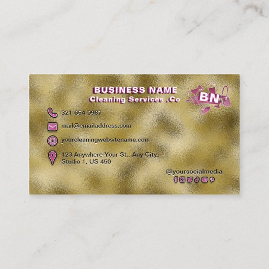 マゼンタピンククリーニングサービスロゴシャイニーゴールド箔 名刺 (裏面)