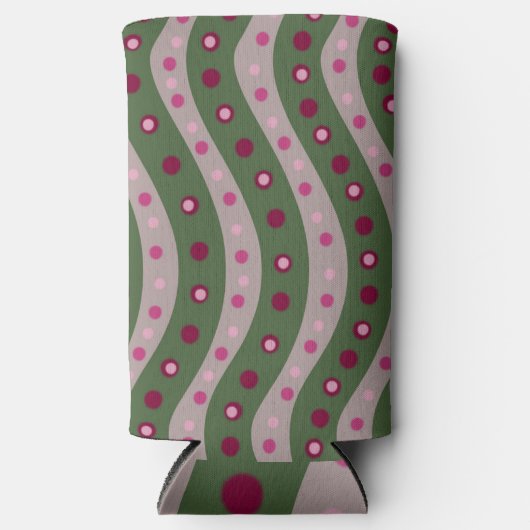 マゼンタピンクグリーンスプリングタイム水玉模様 パターン（の模様が）ある スリム缶クーラー (正面)