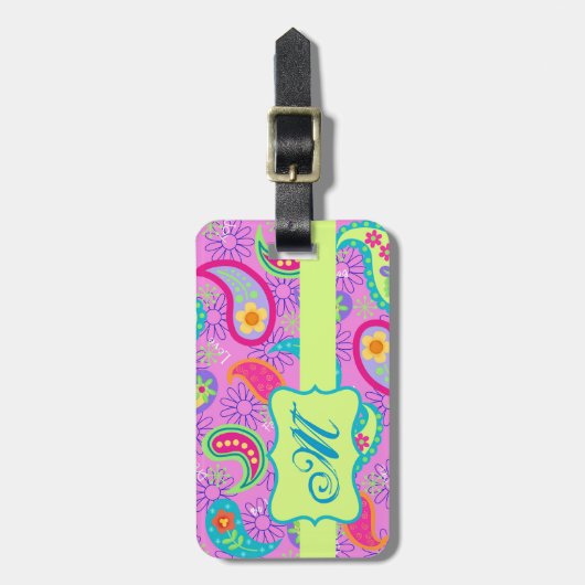 マゼンタピンクグリーンモダンペイズリーパターン ラゲッジタグ (正面縦)