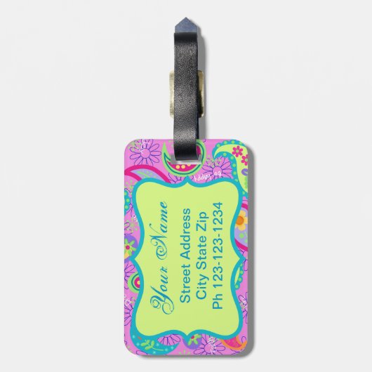 マゼンタピンクグリーンモダンペイズリーパターン ラゲッジタグ (裏面縦)