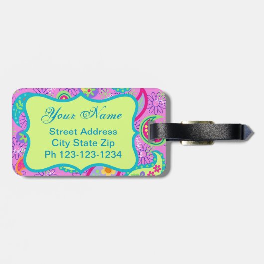 マゼンタピンクグリーンモダンペイズリーパターン ラゲッジタグ (裏面横)