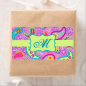 マゼンタピンクグリーンモダンペイズリーパターン ラベル (インサイチュ)