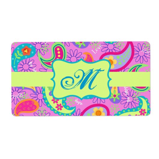 マゼンタピンクグリーンモダンペイズリーパターン ラベル (正面)