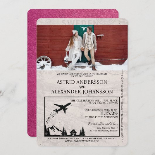 マゼンタピンクスウェーデンパスポート結婚式招待状 招待状 (正面/裏面)