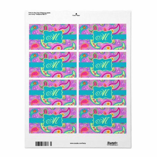 マゼンタピンクターコイズモダンペイズリーモノグラム ラベル (フルシート)