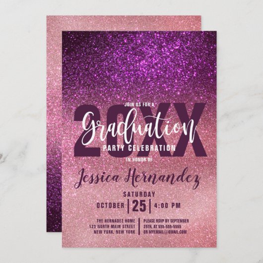 マゼンタピンクトリプルグリッターグラデーション卒業 招待状 (正面/裏面)